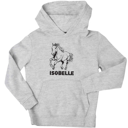 Horse illustration with personalised name children's grey hoodie 12-13 Years