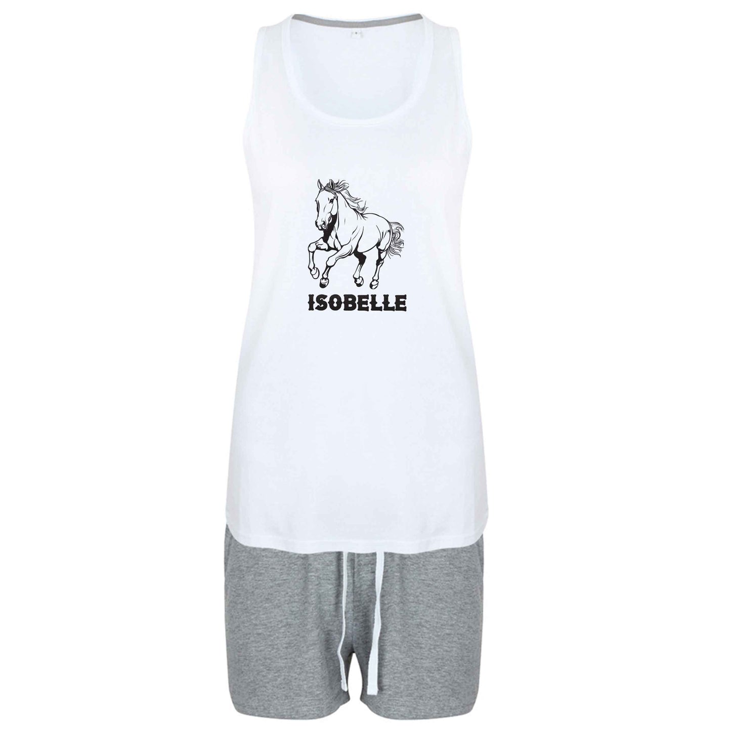 Horse illustration with personalised name size XL women's pyjama shorts set in pink 