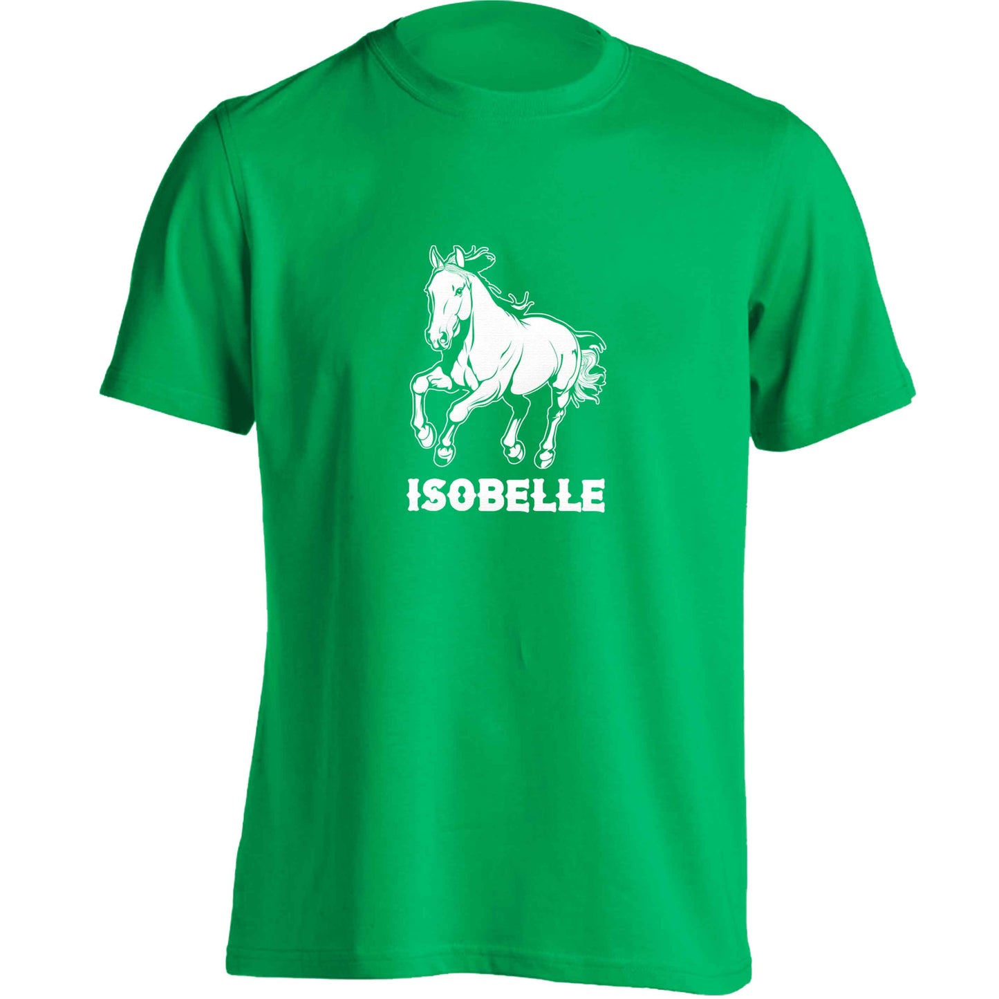 Horse illustration with personalised name adults unisex green Tshirt 2XL