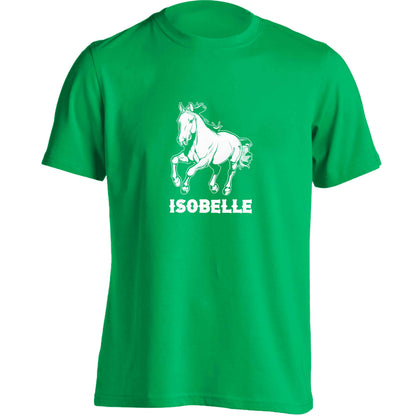 Horse illustration with personalised name adults unisex green Tshirt 2XL