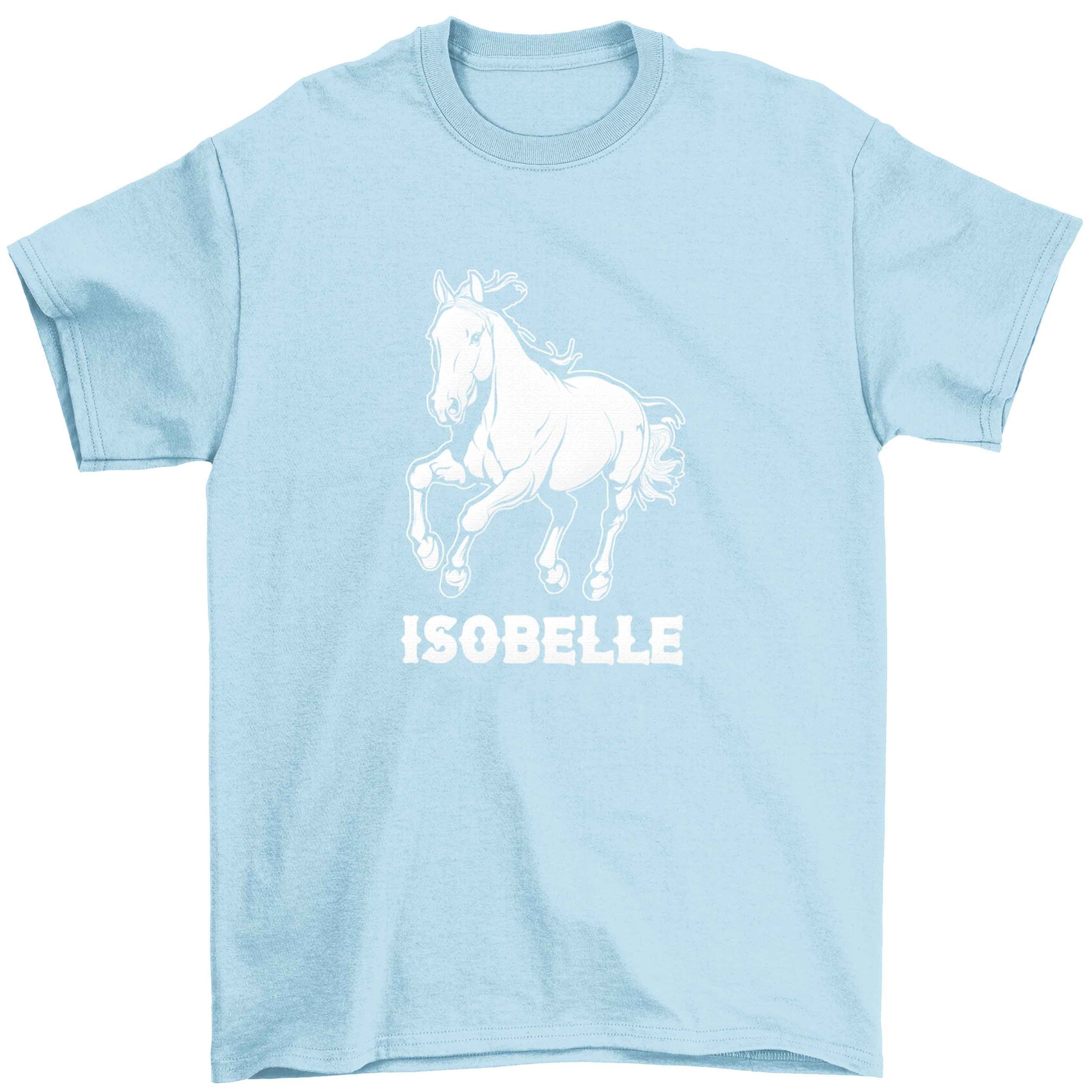 Horse illustration with personalised name Children's light blue Tshirt 12-13 Years