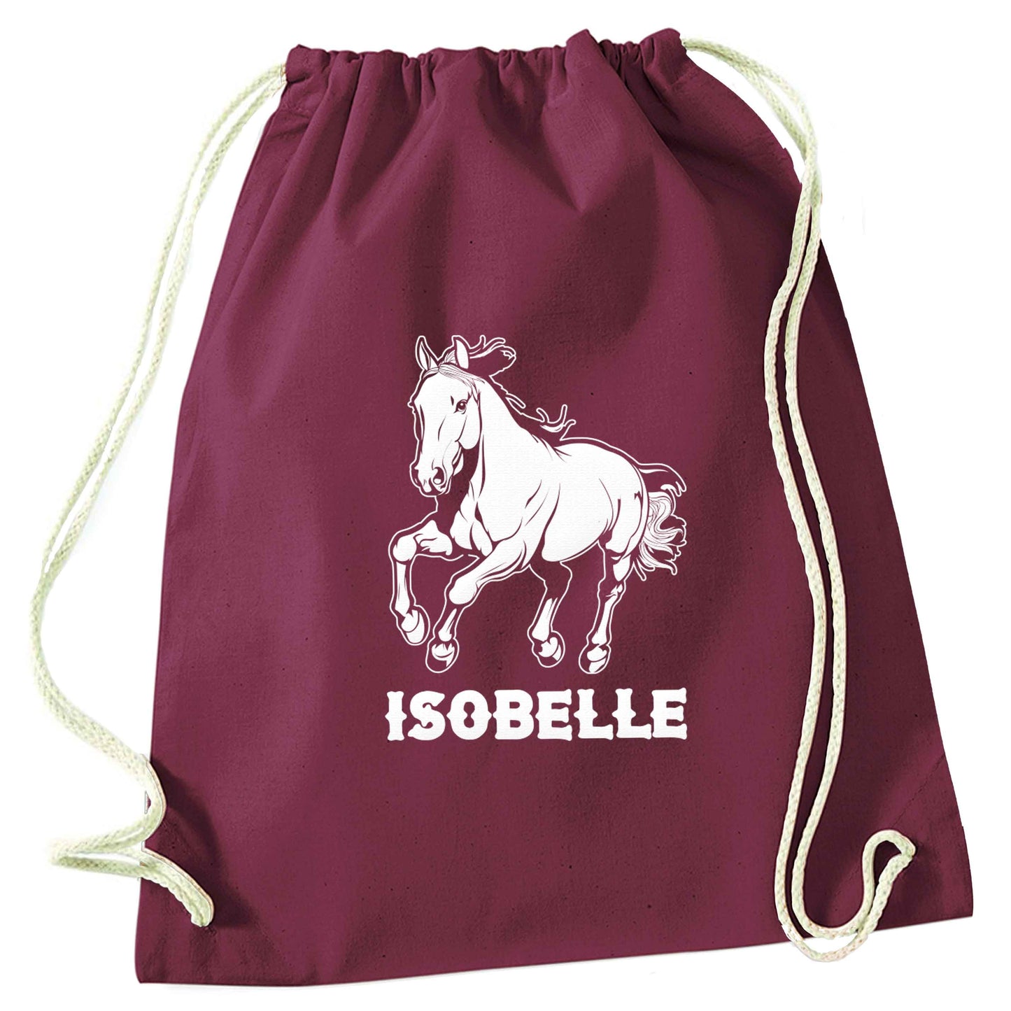 Horse illustration with personalised name maroon drawstring bag