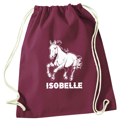 Horse illustration with personalised name maroon drawstring bag