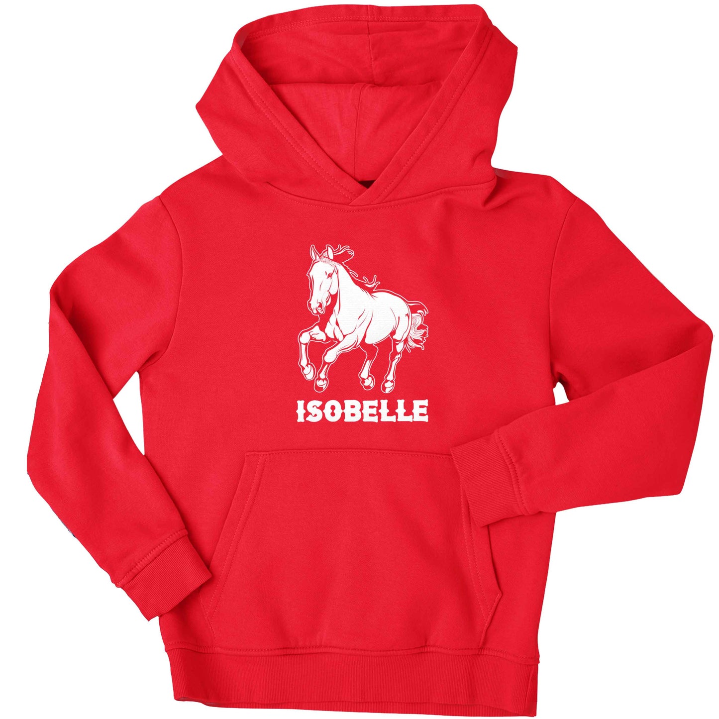 Horse illustration with personalised name children's red hoodie 12-13 Years