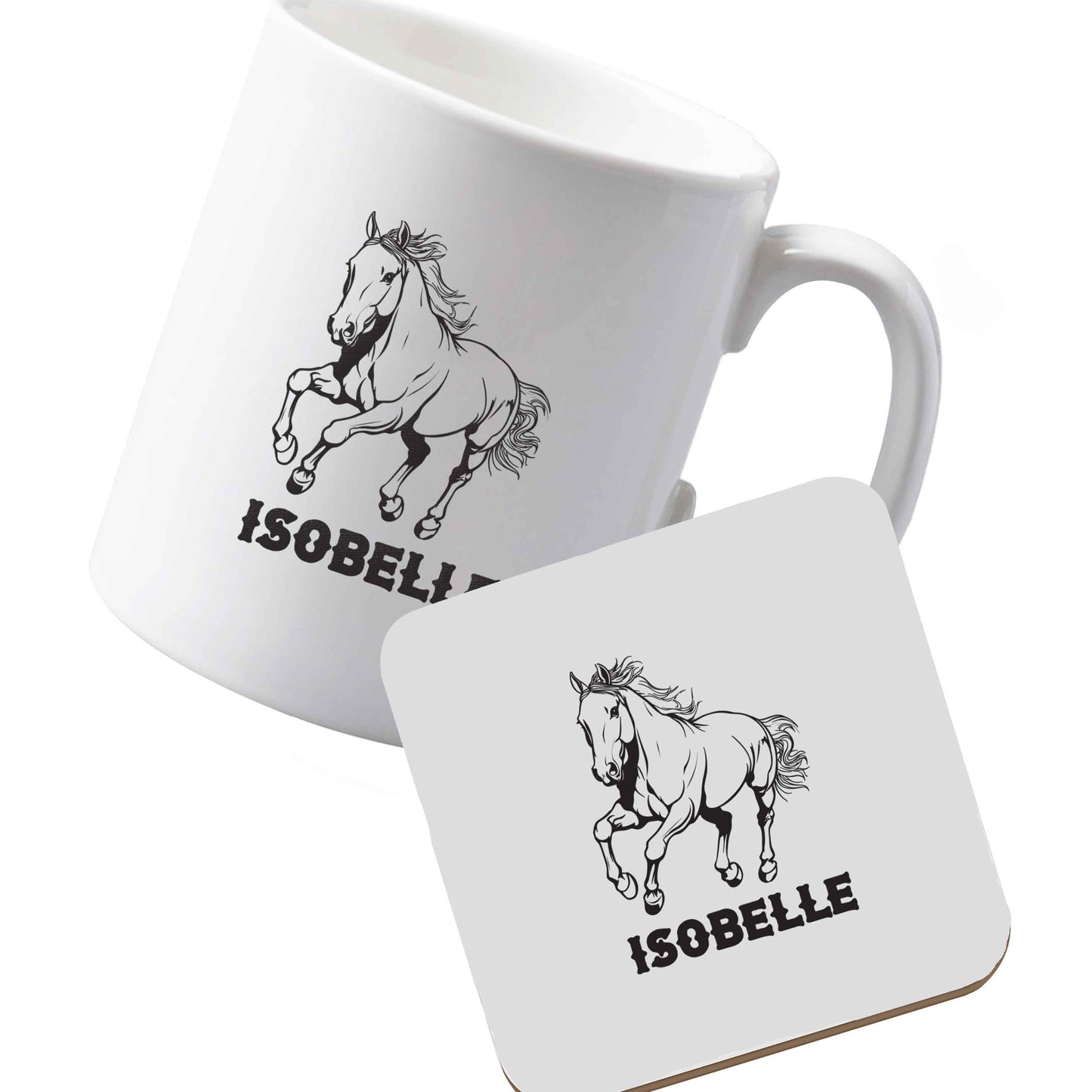 10 oz Ceramic mug and coaster Horse illustration with personalised name left sided