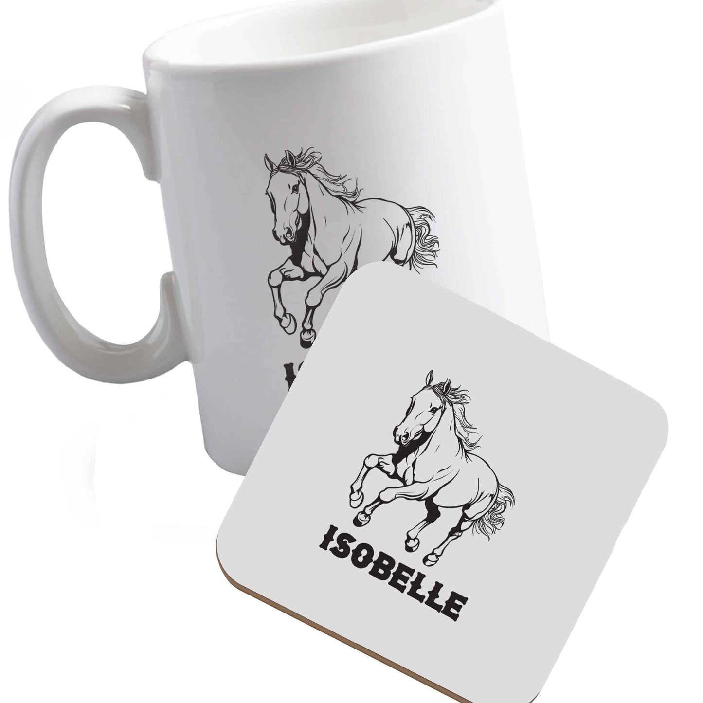 10 oz Ceramic mug and coaster Horse illustration with personalised name both sides