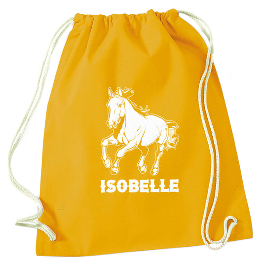 Horse illustration with personalised name mustard drawstring bag
