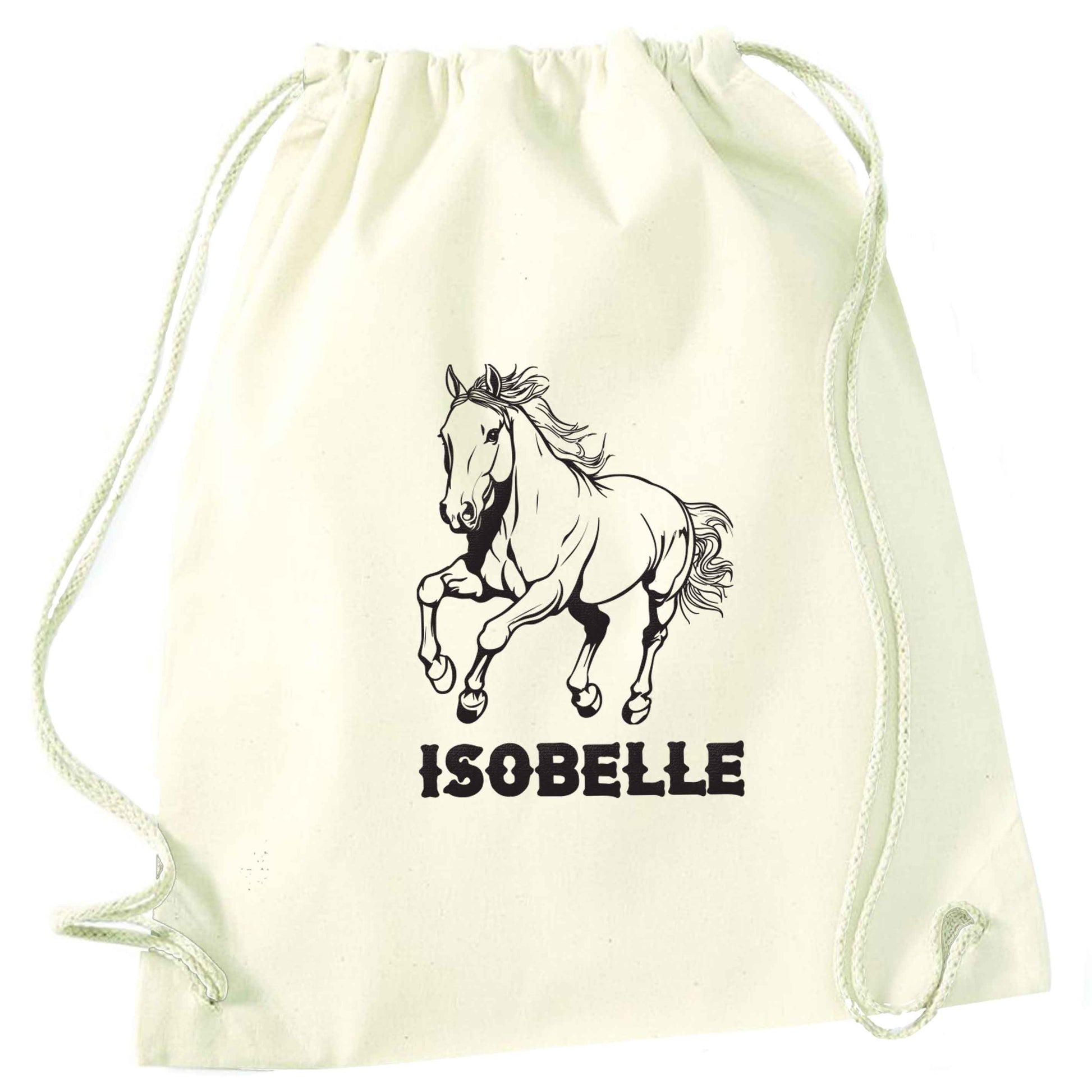 Horse illustration with personalised name natural drawstring bag