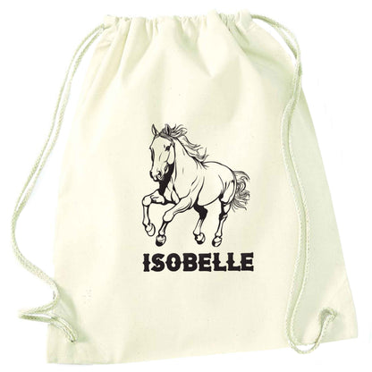 Horse illustration with personalised name natural drawstring bag