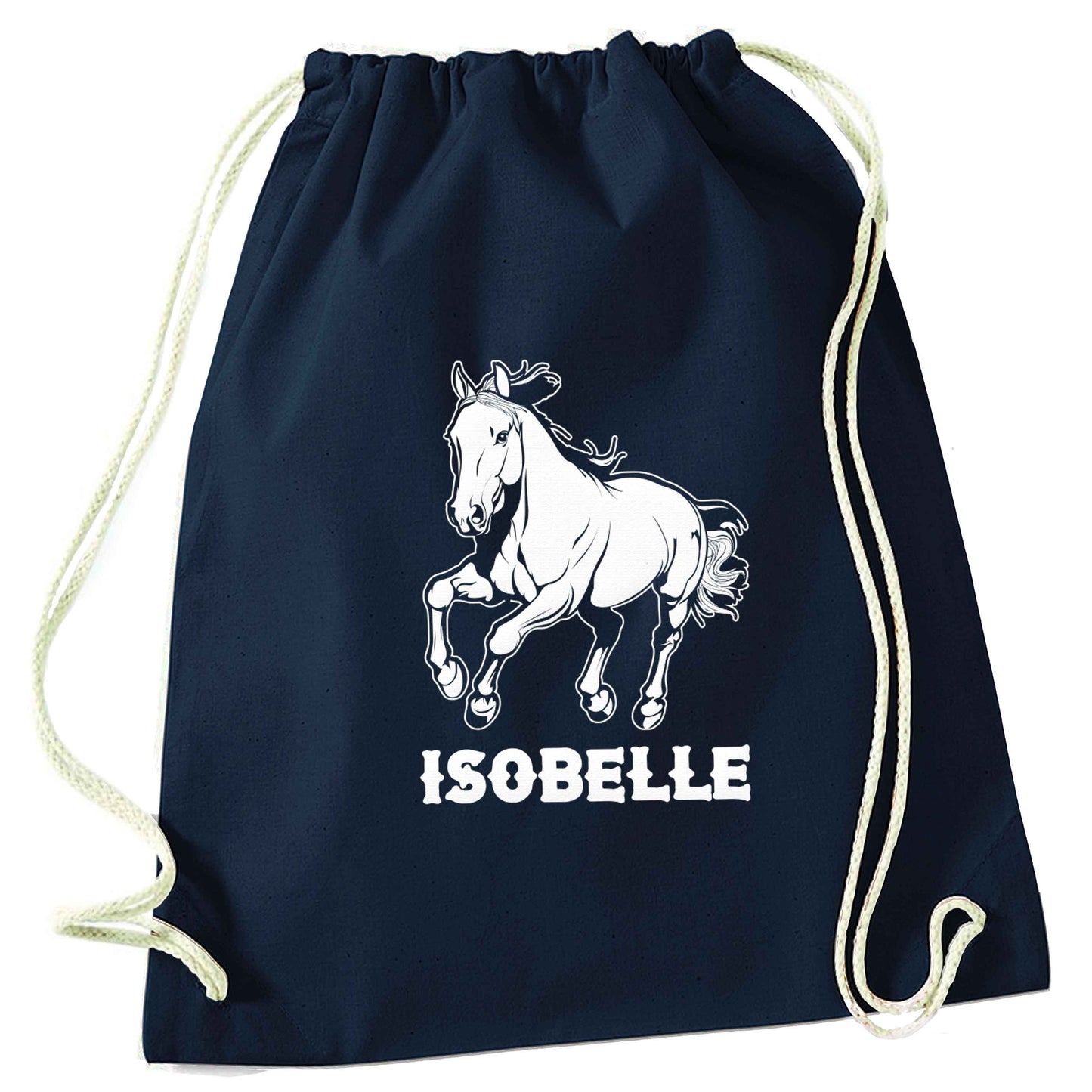 Horse illustration with personalised name navy drawstring bag