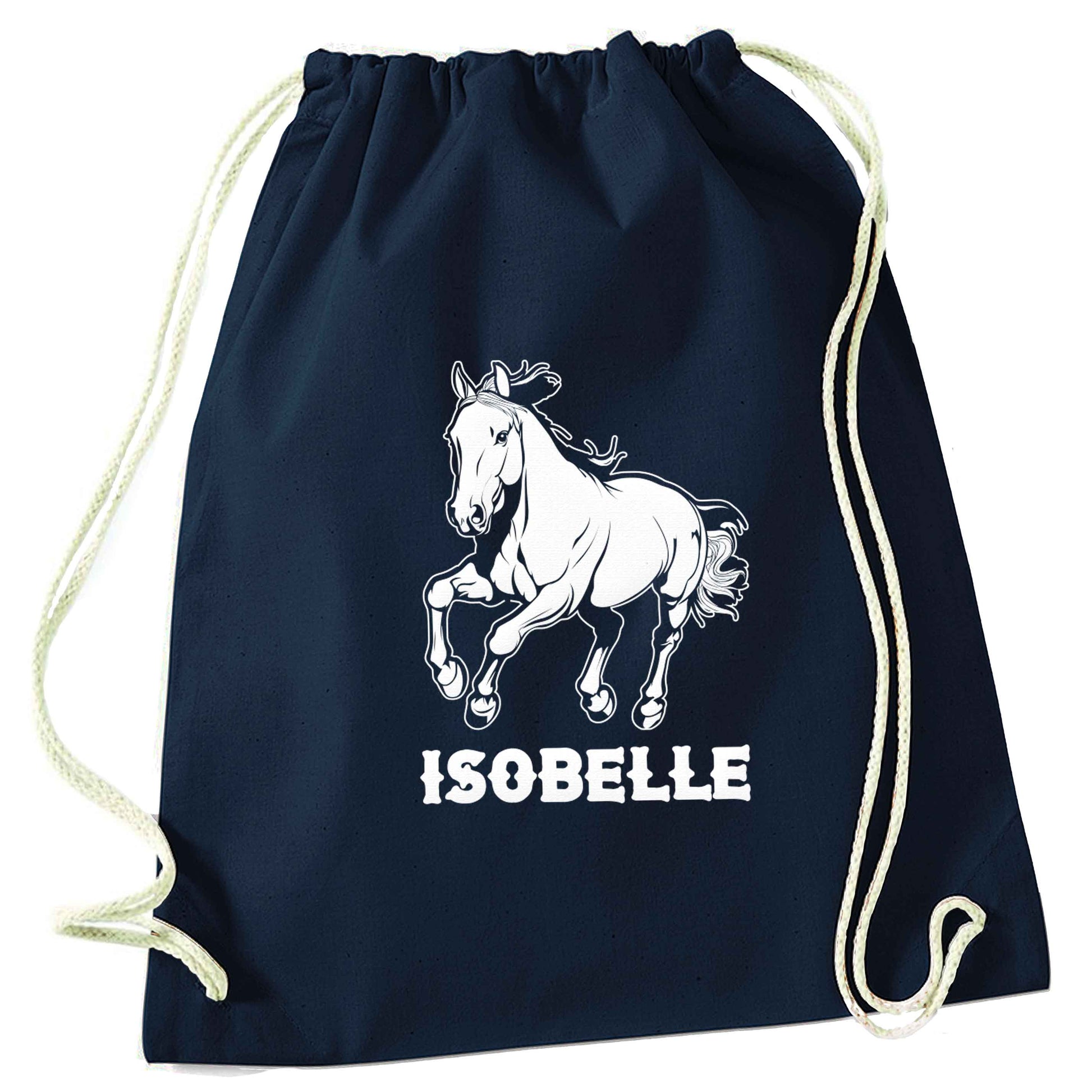 Horse illustration with personalised name navy drawstring bag