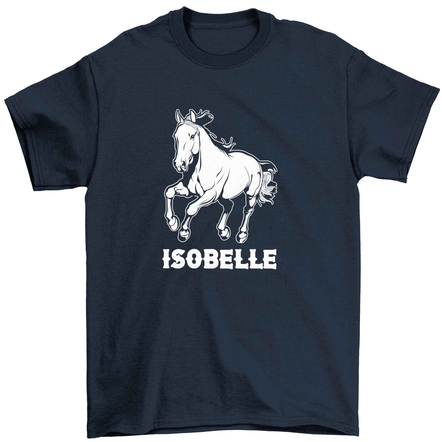Horse illustration with personalised name Children's navy Tshirt 12-13 Years
