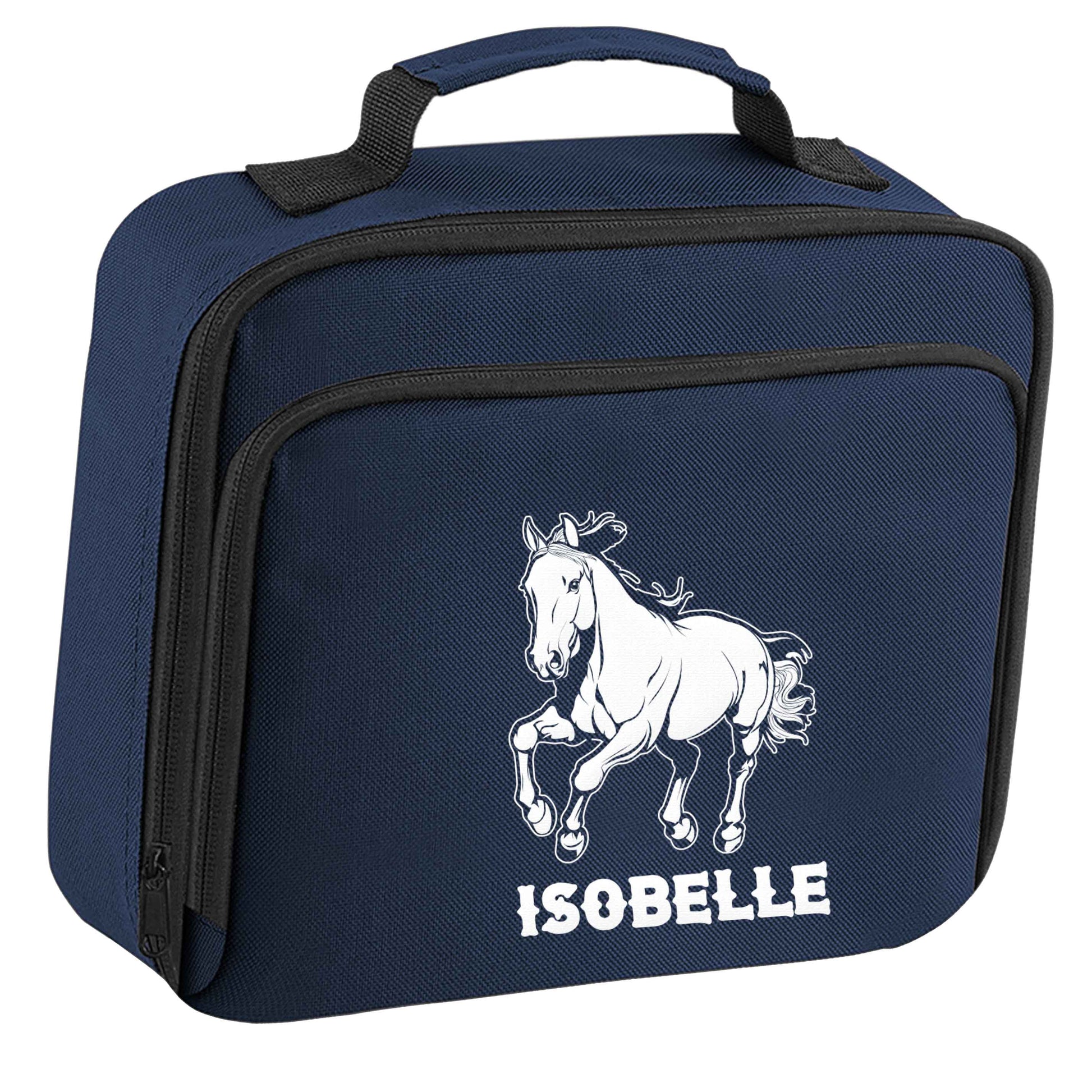 Horse illustration with personalised name insulated navy lunch bag cooler