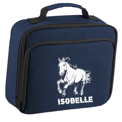 Horse illustration with personalised name insulated navy lunch bag cooler