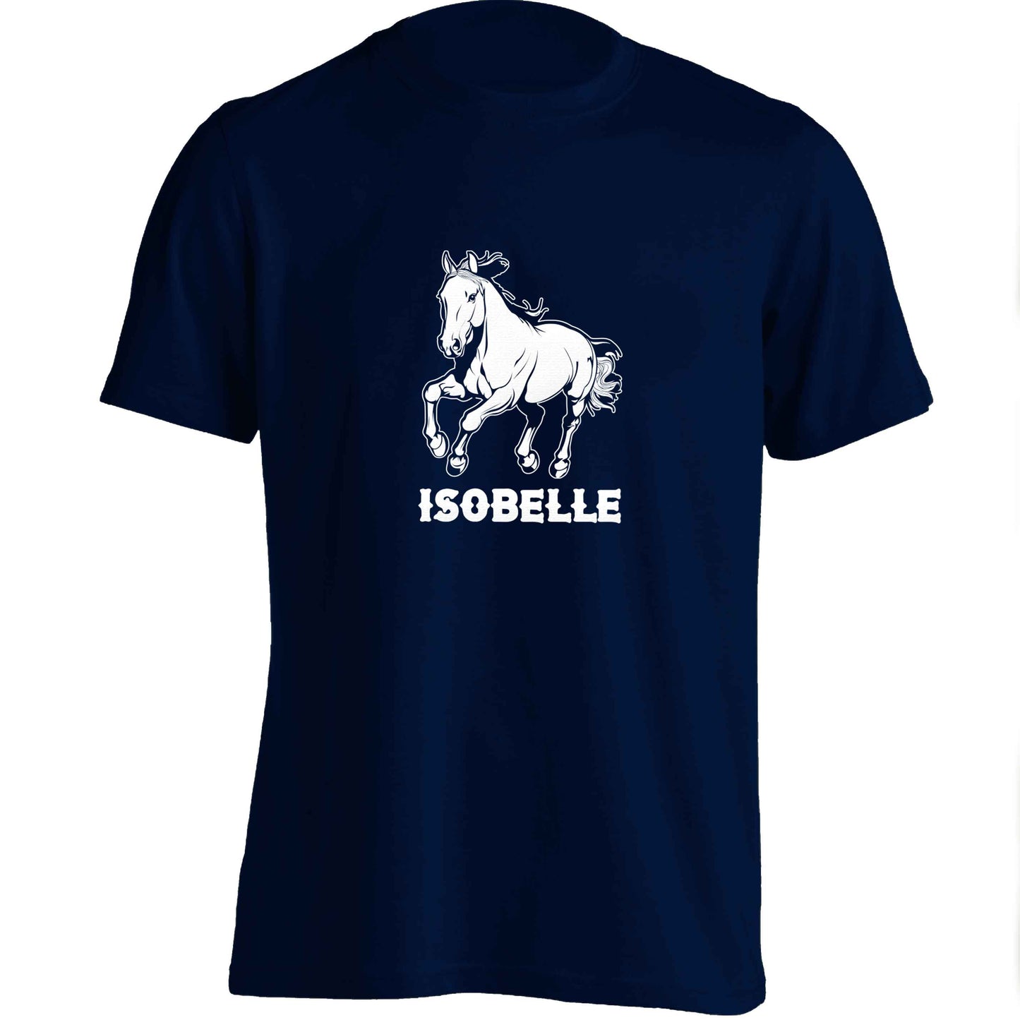 Horse illustration with personalised name adults unisex navy Tshirt 2XL