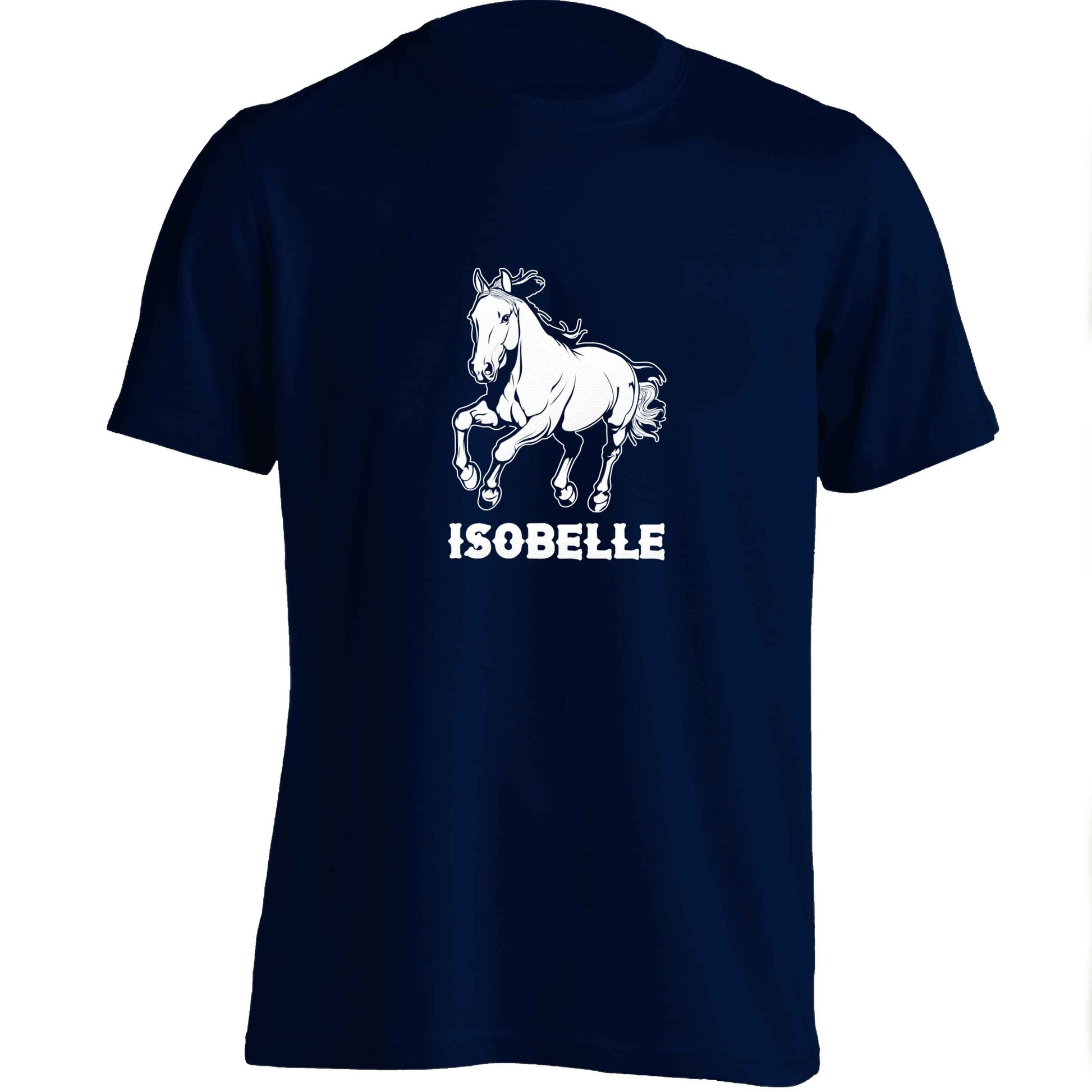 Horse illustration with personalised name adults unisex navy Tshirt 2XL