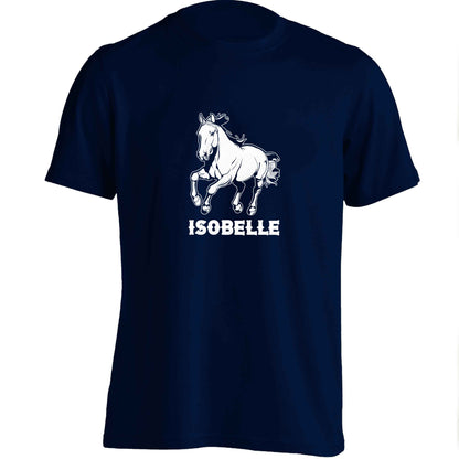Horse illustration with personalised name adults unisex navy Tshirt 2XL