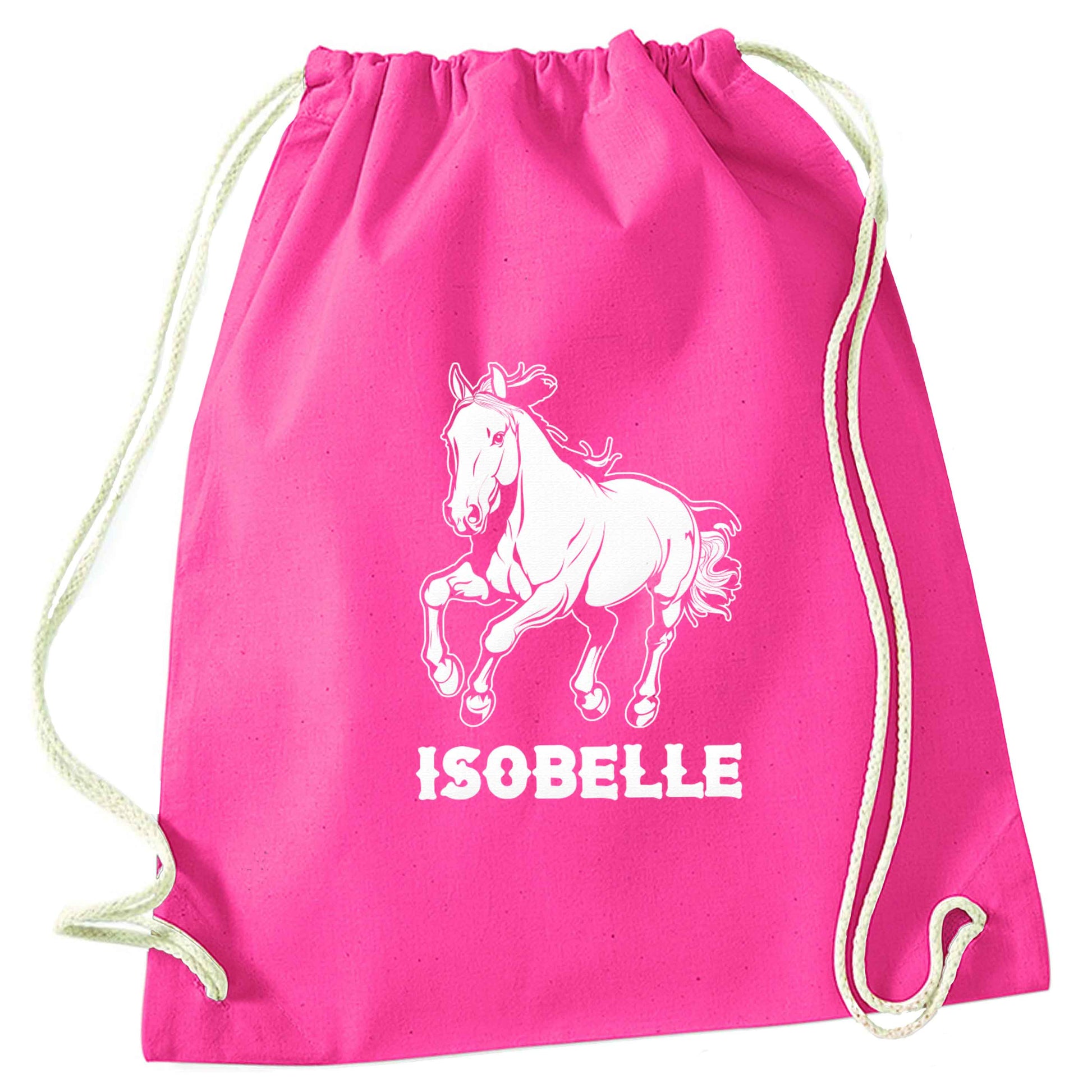 Horse illustration with personalised name pink drawstring bag