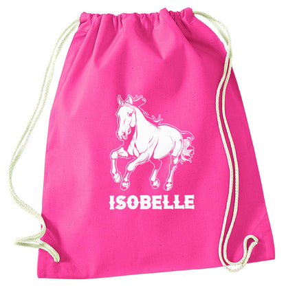 Horse illustration with personalised name pink drawstring bag