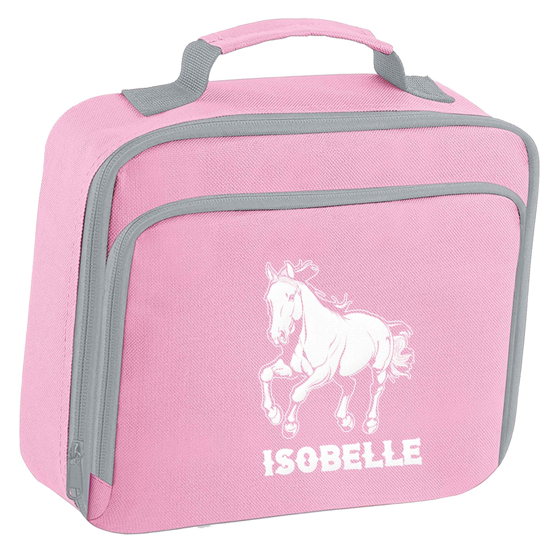 Horse illustration with personalised name insulated pink lunch bag cooler