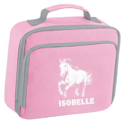 Horse illustration with personalised name insulated pink lunch bag cooler