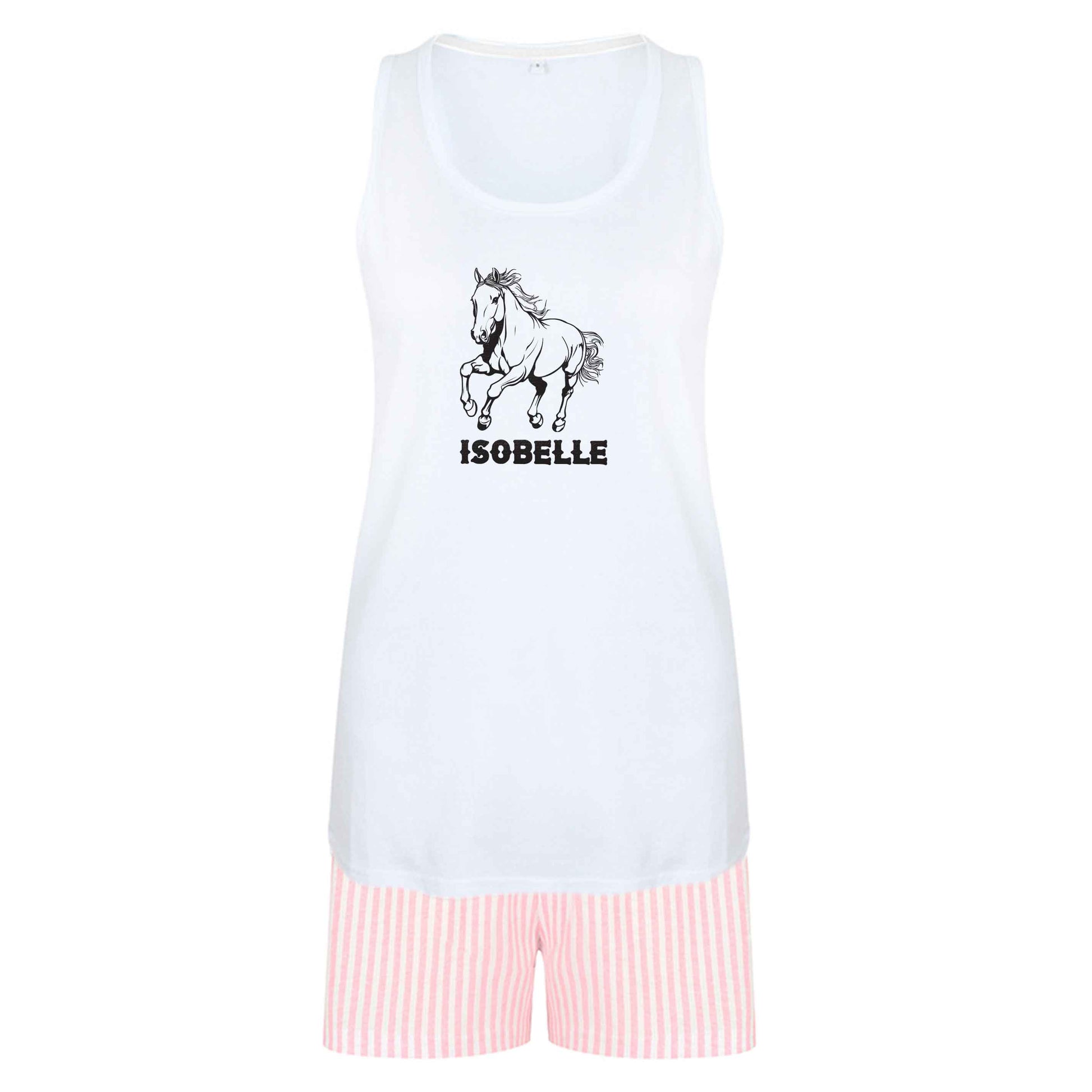 Horse illustration with personalised name size XL women's pyjama shorts set in pink 