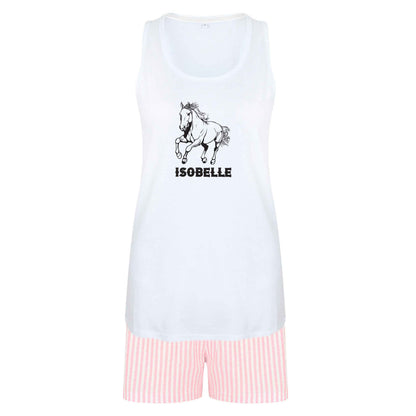 Horse illustration with personalised name size XL women's pyjama shorts set in pink 
