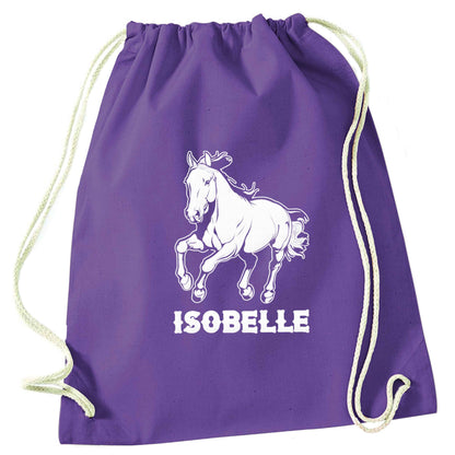 Horse illustration with personalised name purple drawstring bag