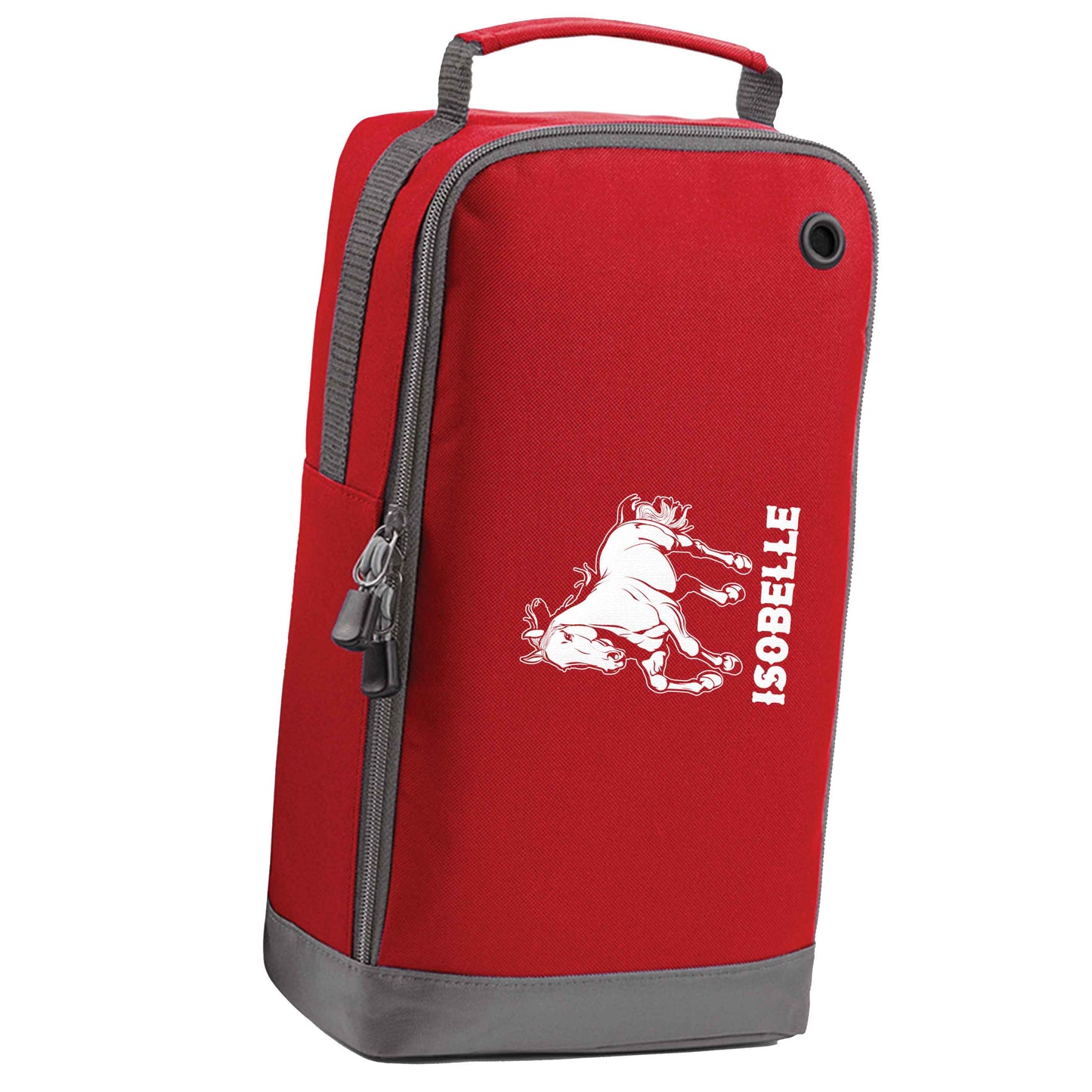 Horse illustration with personalised name red sports shoe bag vertical print