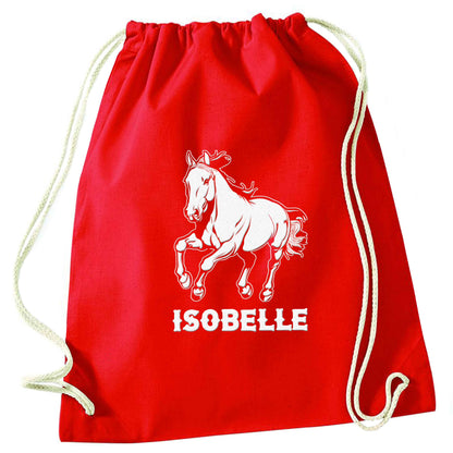 Horse illustration with personalised name red drawstring bag 