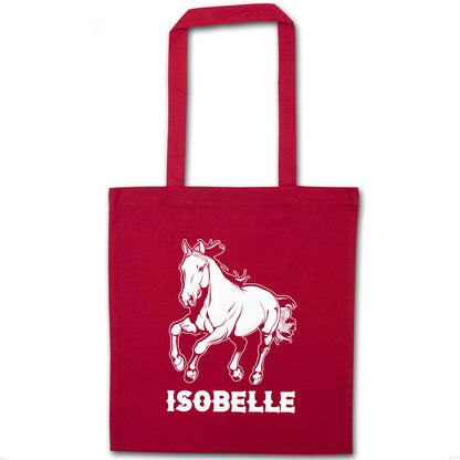 Horse illustration with personalised name red tote bag
