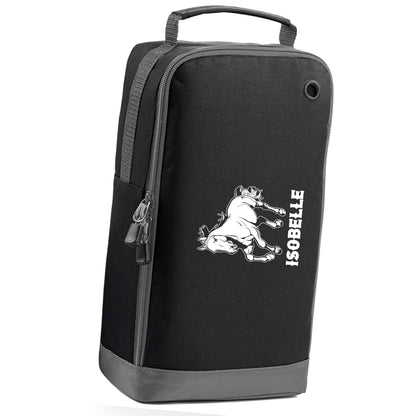 Horse illustration with personalised name black sports shoe bag horizontal print