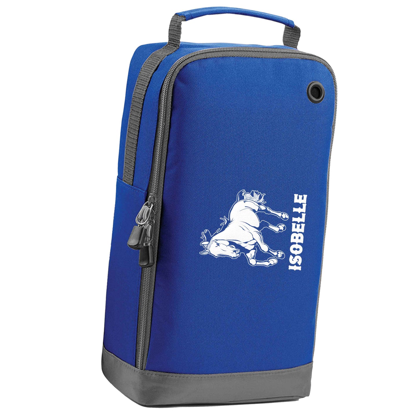 Horse illustration with personalised name blue sports shoe bag horizontal print