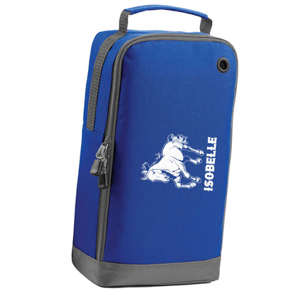Horse illustration with personalised name blue sports shoe bag horizontal print