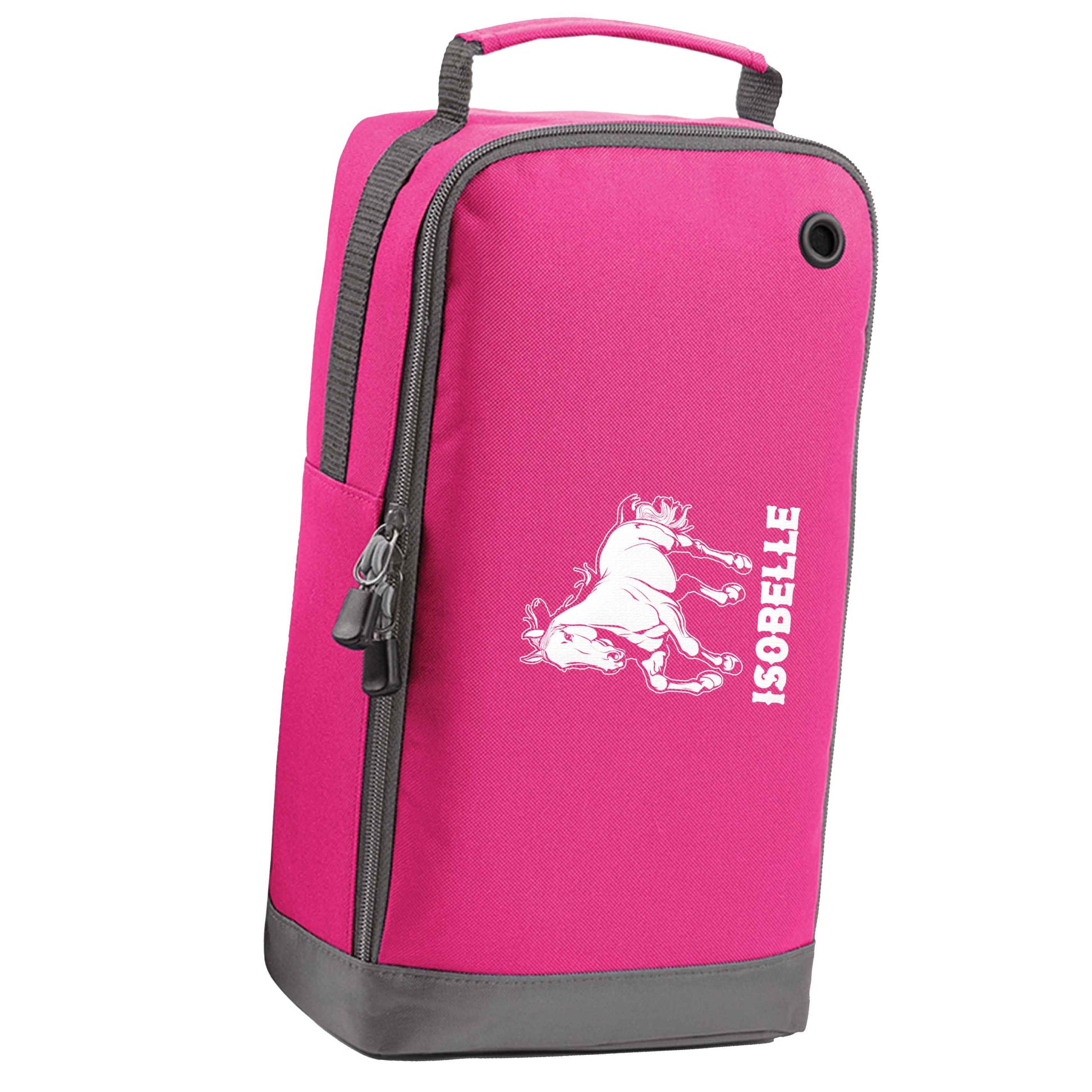 Horse illustration with personalised name pink sports shoe bag horizontal print