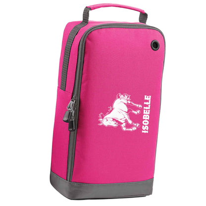 Horse illustration with personalised name pink sports shoe bag horizontal print