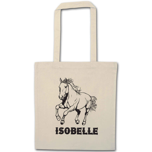 Horse illustration with personalised name natural tote bag
