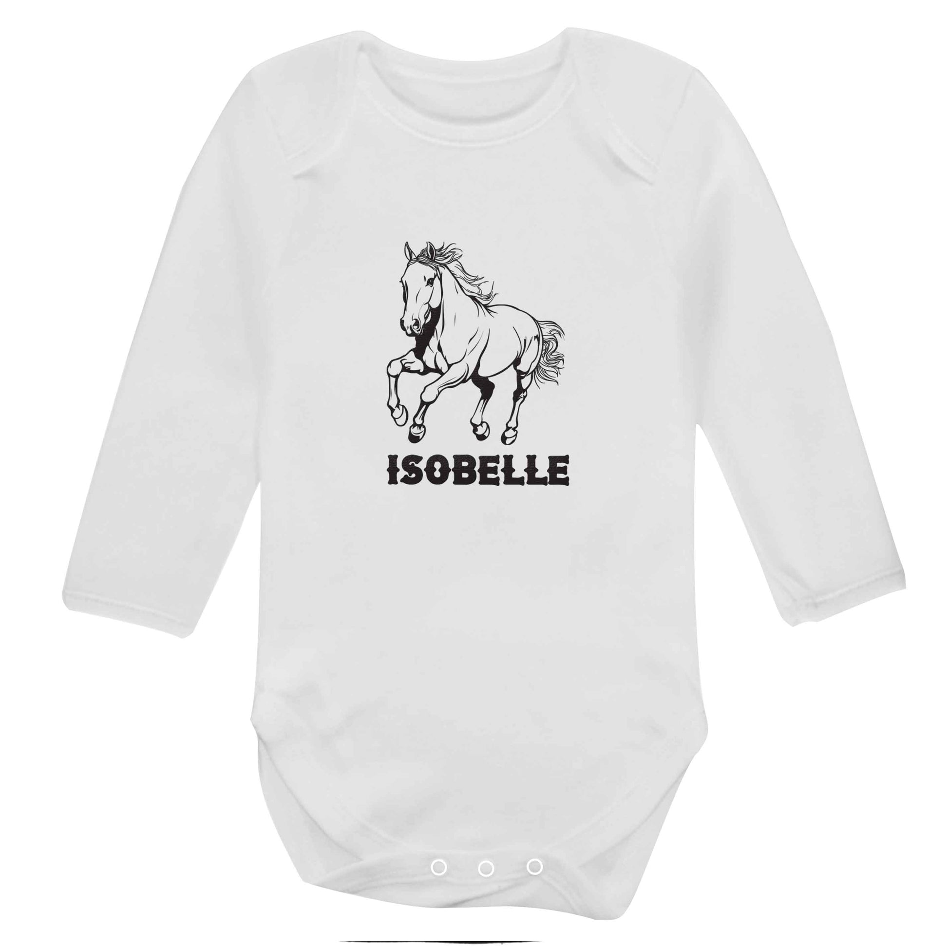 Horse illustration with personalised name baby bodysuit long sleeved white 6-12 months