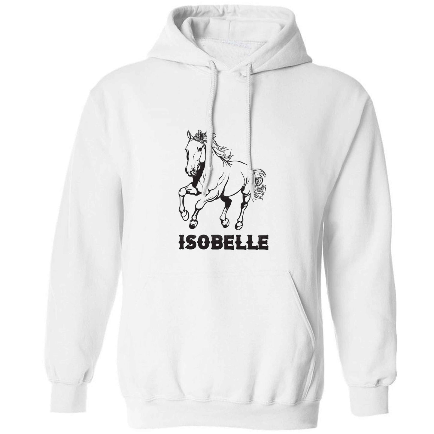 Horse illustration with personalised name adults unisex white hoodie 2XL
