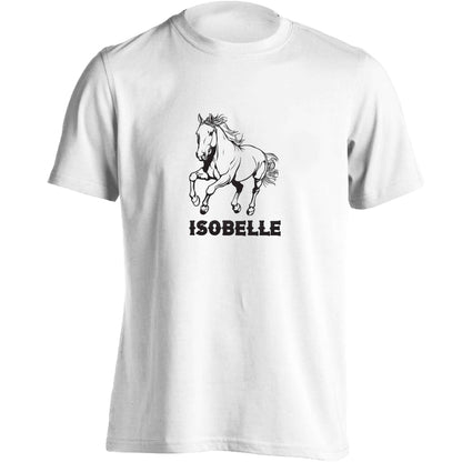 Horse illustration with personalised name adults unisex white Tshirt 2XL