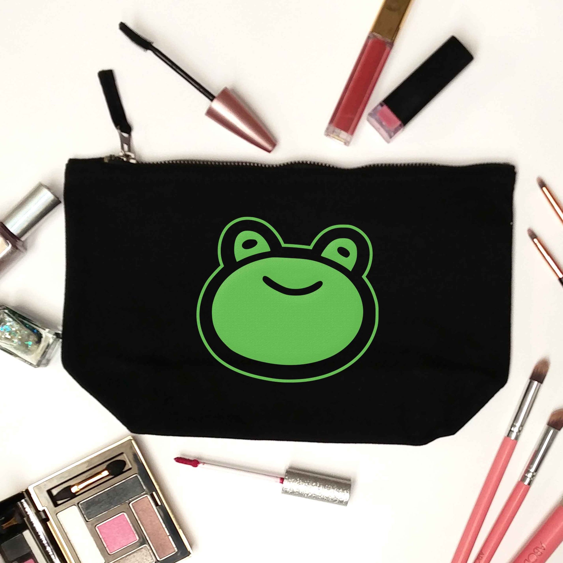 Frog face illustration black makeup bag