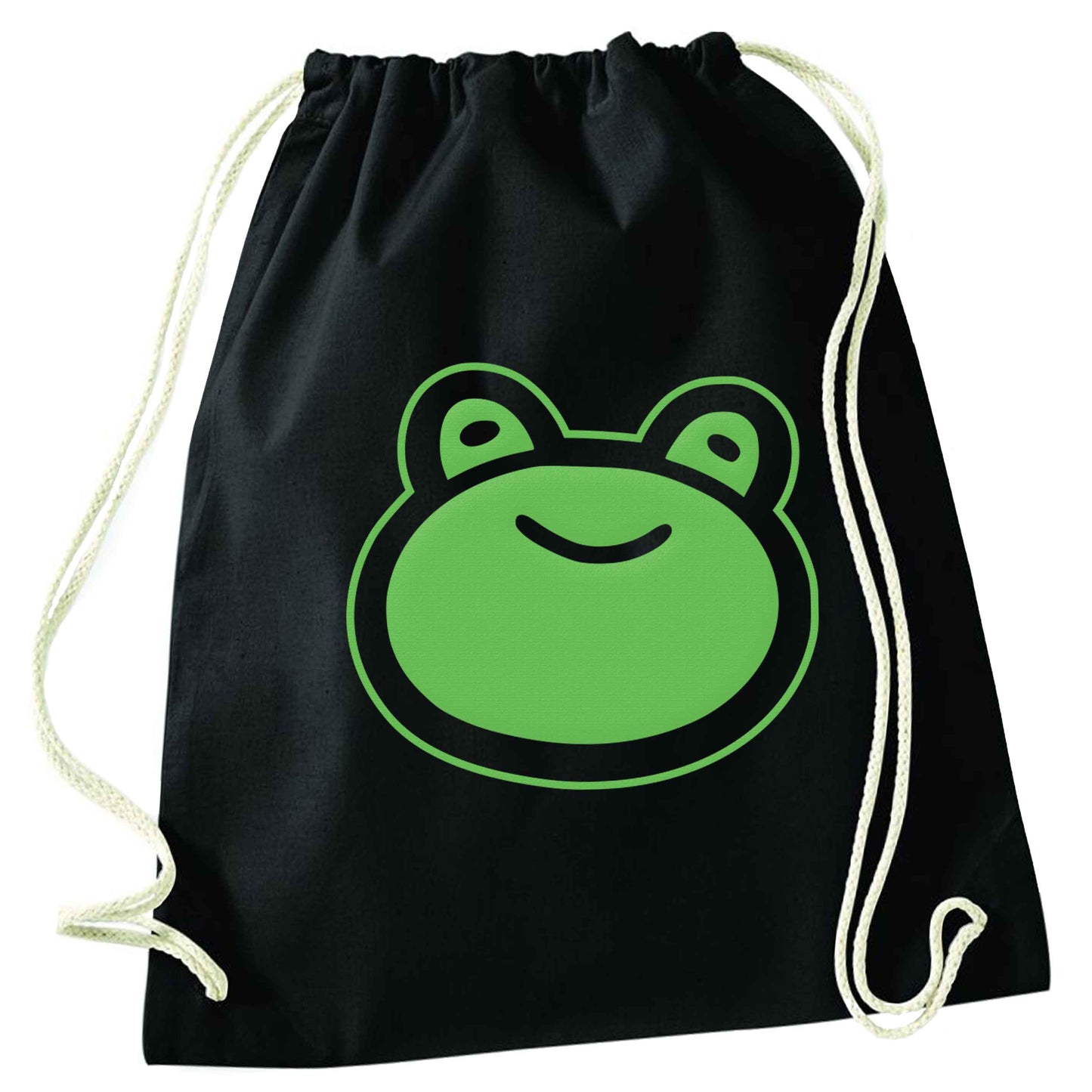 Frog face illustration black drawstring bag
