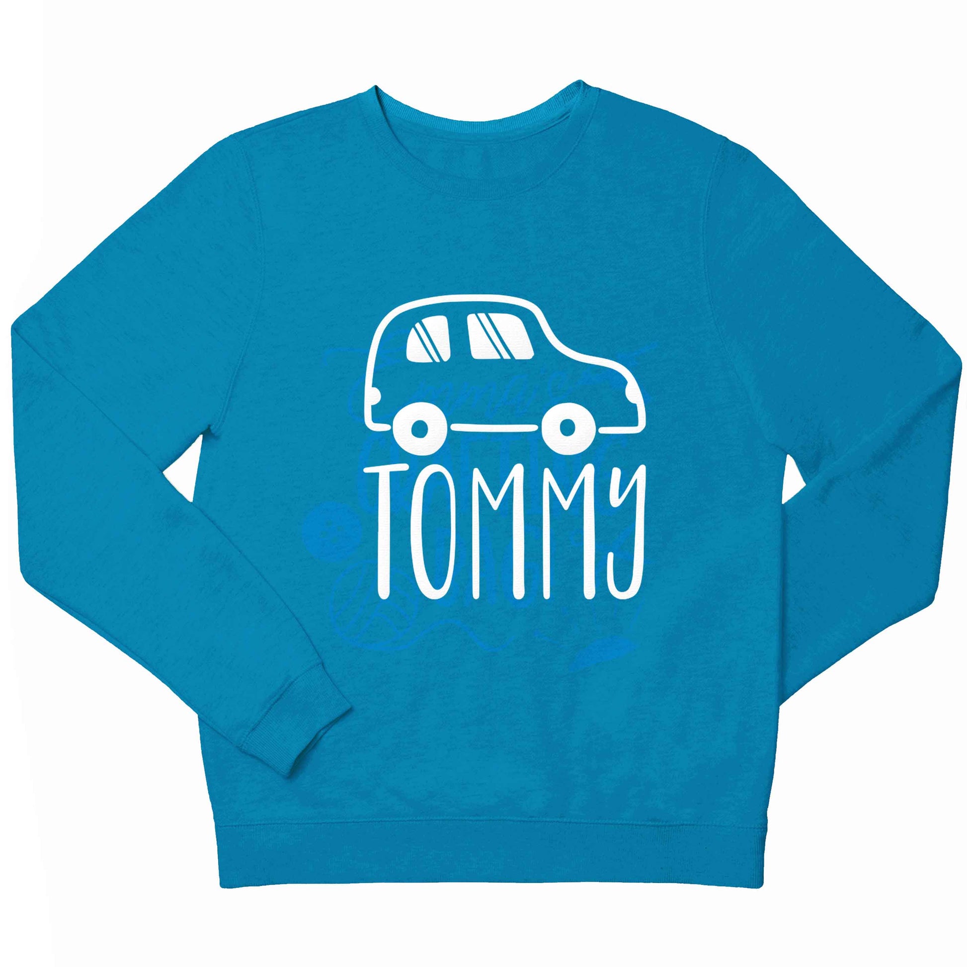 Personalised car any name here children's blue sweater 12-13 Years
