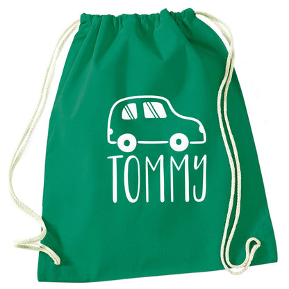 Personalised car any name here green drawstring bag