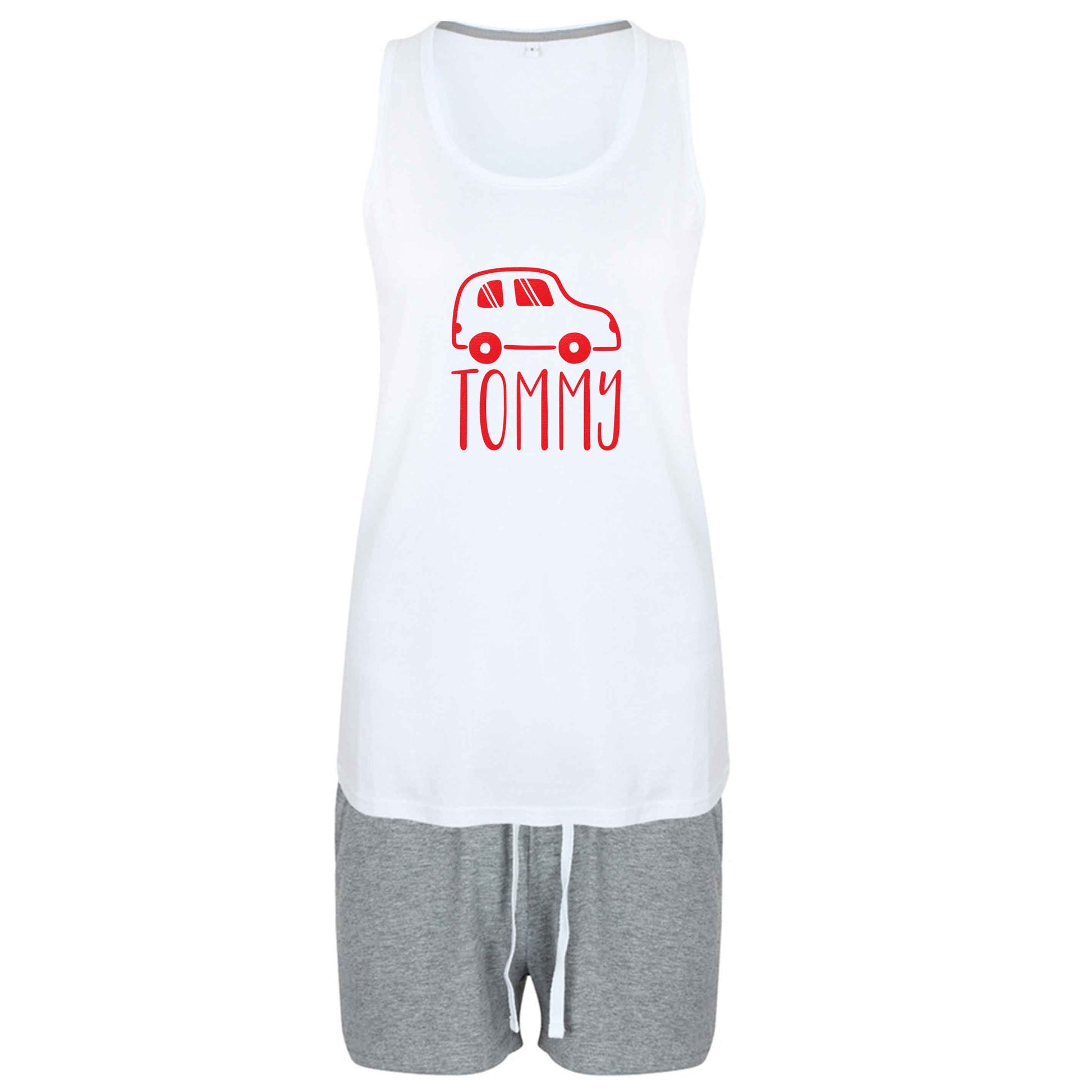 Personalised car any name here size XL women's pyjama shorts set in pink 