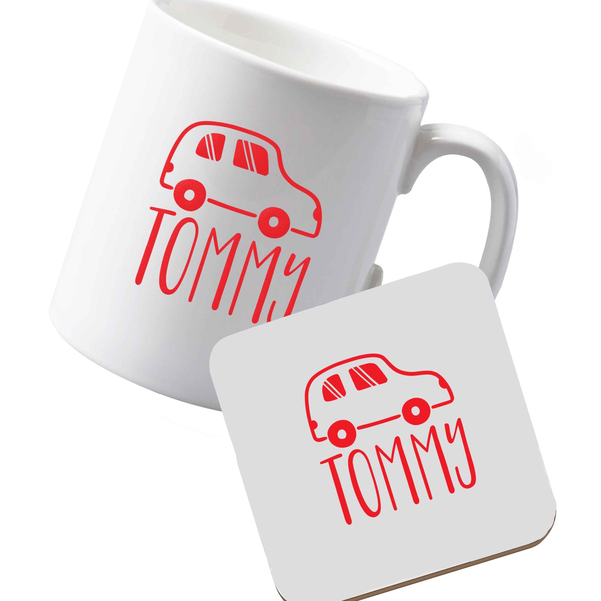 10 oz Ceramic mug and coaster Personalised car any name here left sided