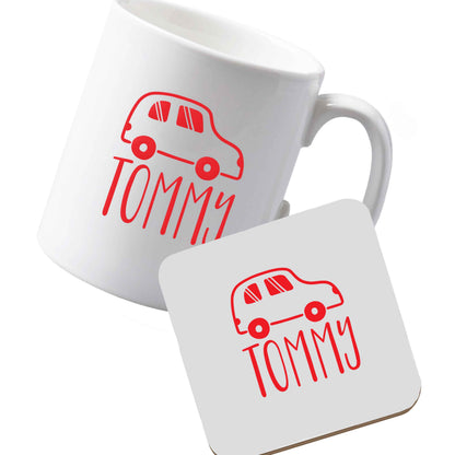 10 oz Ceramic mug and coaster Personalised car any name here left sided