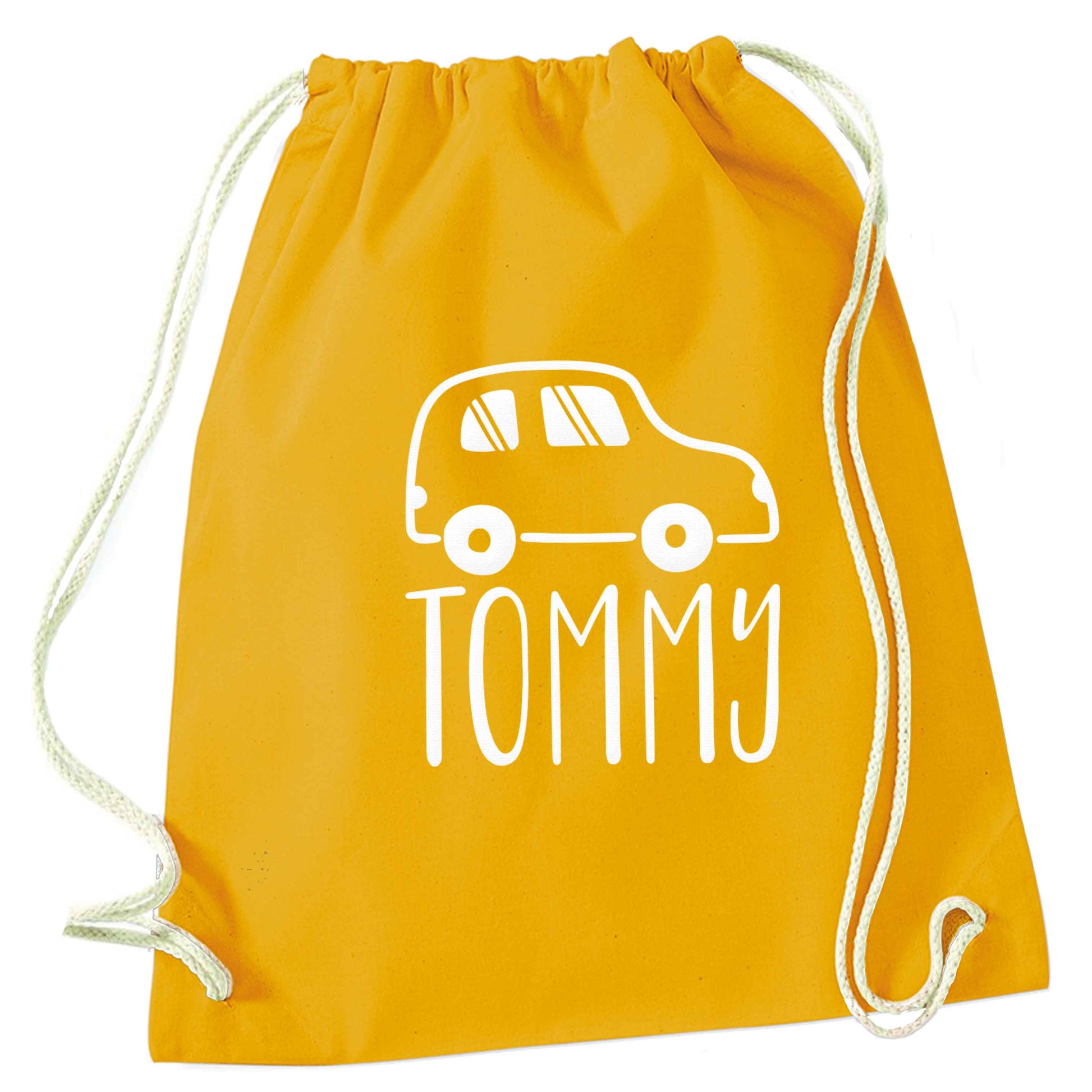 Personalised car any name here mustard drawstring bag