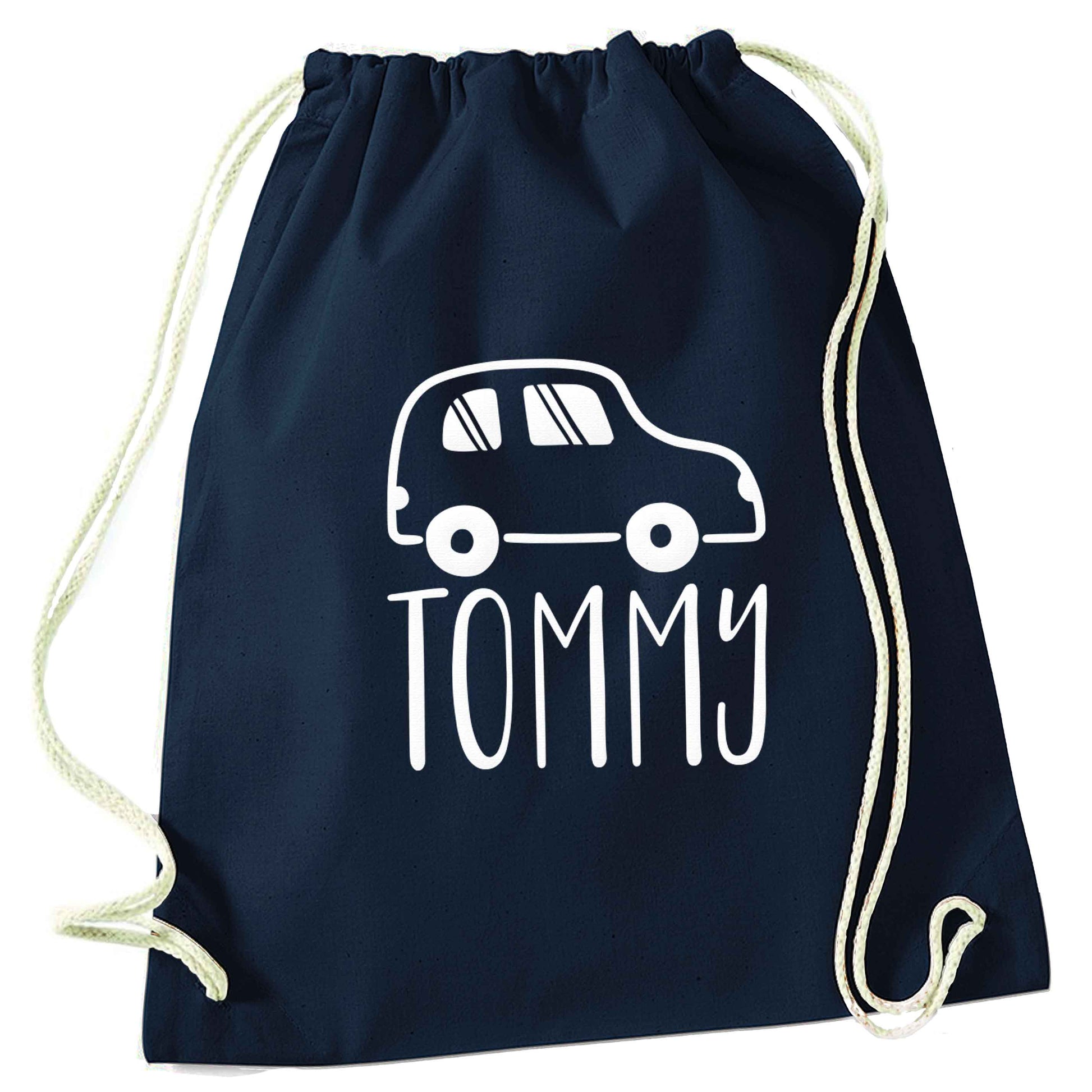 Personalised car any name here navy drawstring bag