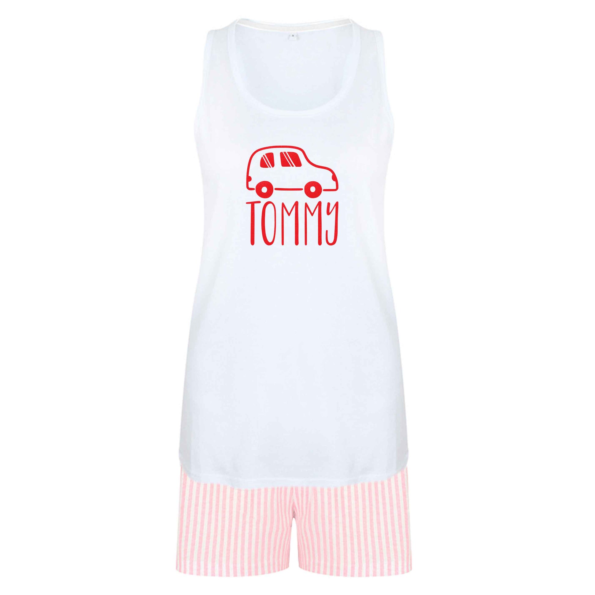 Personalised car any name here size XL women's pyjama shorts set in pink 
